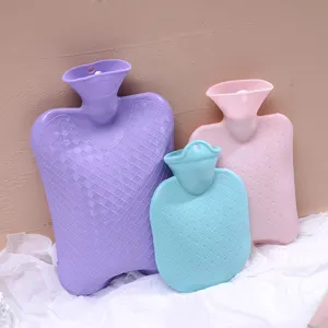 PVC rubber hot water bag set with knit texture, large medium small sizes for warm hands and body.