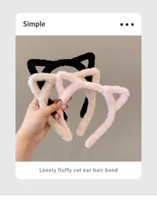 Fluffy cat ear hair band detail, soft plush material, cute autumn winter design for daily wear.