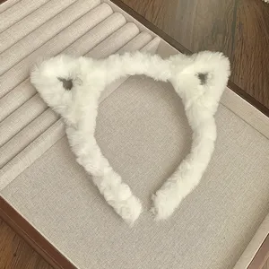 Cute white fluffy cat ear headband, soft plush hair hoop for women girls daily washing face.