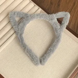 Grey plush cat ear headband, soft fluffy hair hoop for cute daily styling, detail view.