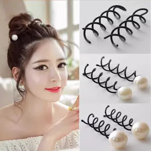 Épingles à cheveux spirale perle pour chignon tourbillon coiffure accessoires métal noir.
