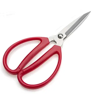 Red plastic handle stainless steel scissors for home and office cutting tasks, durable tool.