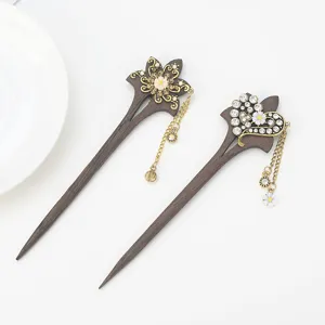 Vintage wooden hair stick with rhinestone and tassel, Chinese style hair fork jewelry hairpin.