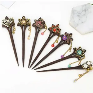 Vintage Wooden Hair Stick With Metal Tassel Rhinestone Floral Design Ethnic Retro Hair Fork Jewelry Gift