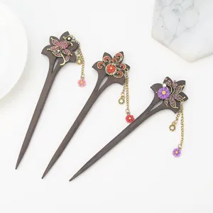 Vintage handmade wooden hair stick with crystal rhinestone tassel for classical daily wear