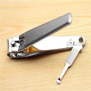 Stainless steel nail clipper with nail file and ear pick, durable manicure tool.