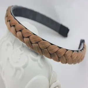 Synthetic braided hair headband detail, stylish wide plastic hair hoop accessory for daily wear.