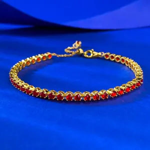 Élégant Bracelet Tennis en Argent Strass Rouge Plaqué Or Réglable Sertissage à Griffes Bijou Scintillant Exquis pour Femme Banquet Fête