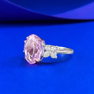 Detail view of the elegant oval pink ice cut high carbon diamond ring in S925 silver sweet style.