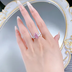 S925 silver oval pink high carbon diamond ring sweet style elegant hand detail shot
