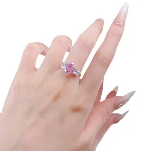 Stunning S925 silver oval pink high carbon diamond ring with sweet style side stones main view.