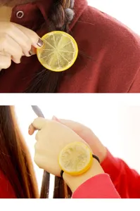 Lemon slice hair ring detail shot, fresh forest style women hair accessory, cute fruit design.