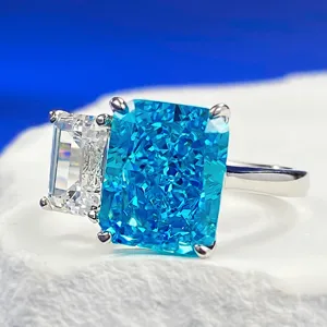 Anillo de diamante carbono corte radiante azul plata 925 mujer joyas de lujo moda