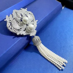 Luxe S925 zilveren feniks parel kwast broche met volledige diamanten, elegante dames sieraden