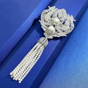 Prachtige S925 zilveren feniks parel kwast broche met luxe volle diamant ingelegd.
