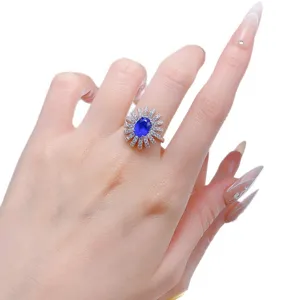 S925 Silber Kobaltblau Ring 6x8mm Ovale Pavé Blume Vintage Stil Schmuck Damen Geschenk