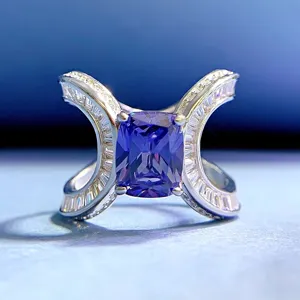 Anello in Argento 925 con Strass Blu Tanzanite Taglio Cuscino per Donna Anello Aperto Fiore di Ghiaccio Quadrato Gioielli