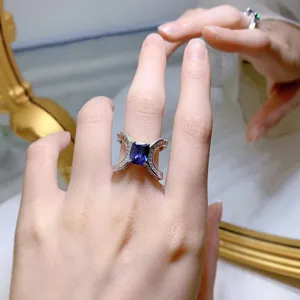Anello Quadrato in Argento S925 Tanzanite Donna Aperto Regolabile Stile Coreano