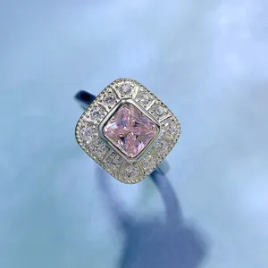 Exquisite 925 silver square pink diamond ring, detailed macro view of the luxury halo gemstone design.