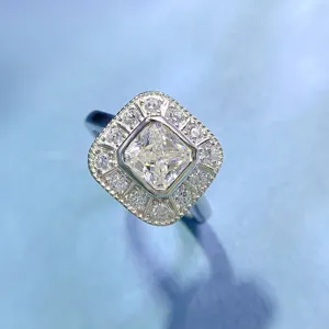 Square diamond ring with sparkling halo setting, elegant silver jewelry for women daily wear.