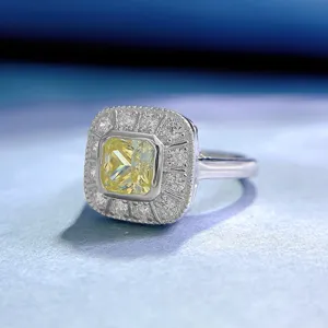 Exquisite 925 silver square yellow high carbon diamond ring detail view featuring sparkling halo design.