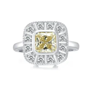 925 Sterling Silver Square Zirconia Ring For Women Luxurious Simulated Yellow Pink Diamond Engagement Halo Finger Ring Jewelry
