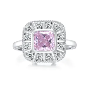 Stunning 925 silver square pink synthetic diamond halo ring vintage elegant women jewelry main
