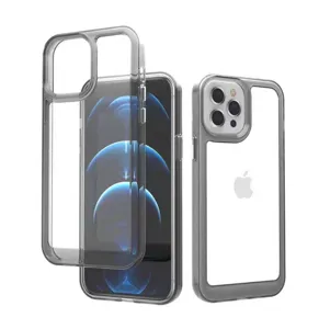 Détail de coque de téléphone en acrylique transparent, bumper bicolore, dos cristallin pur.