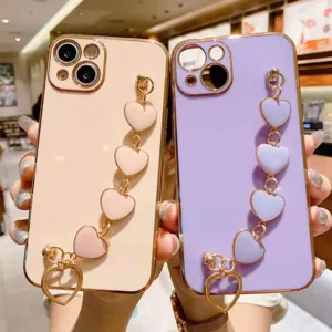 Fundas de teléfono de lujo doradas con cadena de corazón para iPhone, correa elegante.