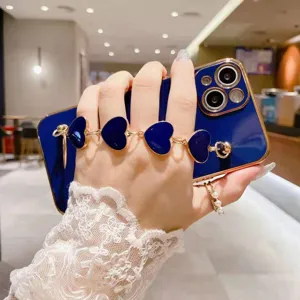 Fundas de teléfono con cadena de corazón galvánico azul compatible con iPhone, accesorio elegante.