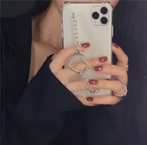 Clear phone case with metal heart chain wristband stylish daily protection cover new