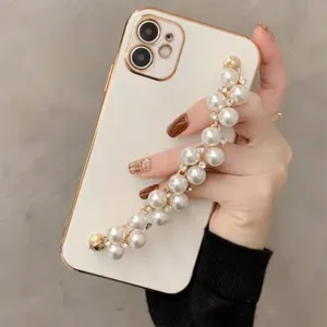 Coque de Téléphone Protection Électroplaquée Avec Bracelet de Perle Artificielle Chaîne en Strass Protection Arrière Souple pour iPhone