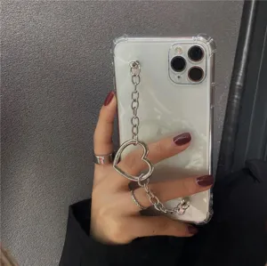 Clear phone case with silver heart chain bracelet strap for women elegant mobile cover