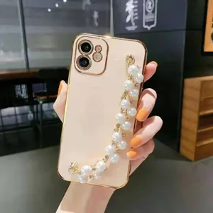 Coque de téléphone chaîne de perles cadre doré électrodéposé et housse de protection chic