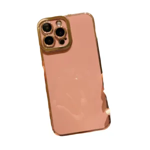 Pink electroplated phone case compatible with iPhone, luxury shiny back cover with gold edge.