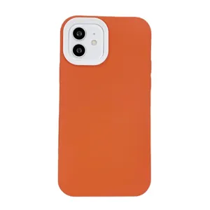 Orange silicone phone case with white camera frame compatible with iPhone models for daily protection.
