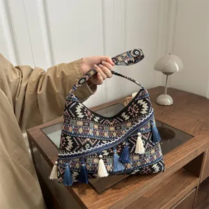 Bolso de hombro tejido étnico bohemio para mujer, patrón retro con borlas elegantes.