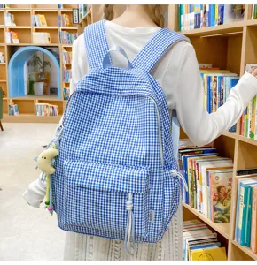 Blaues Karo Schulrucksack für Damen, koreanischer Stil lässiger Reise Rucksack groß.
