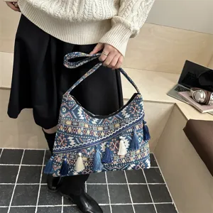 Bolso de hombro de lona étnica retro gran capacidad bolso tote informal con borlas para mujer