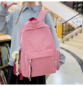 Rot weiß karierter Rucksack lässiger Canvas Schulrucksack für Teenager Mädchen Groß