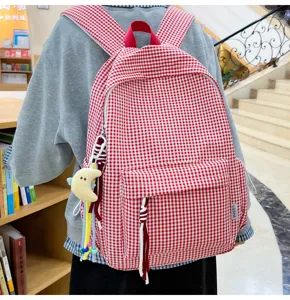 Roter Karo Canvas Schulrucksack für Teenager Mädchen Reise große Kapazität Freizeittasche