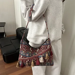 Bolso de hombro de lona estilo étnico vintage para mujer, bolso bohemio geométrico con borlas.