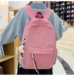 Rot-weißer Karo Campus Rucksack für Damen, große Kapazität lässige Schul-Büchertasche.