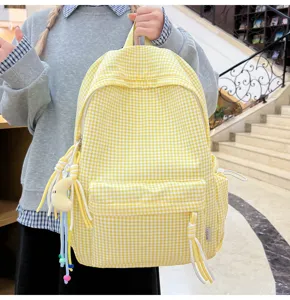 Gelber Karomuster Rucksack fuer Damen, koreanischer Stil Freizeittasche fuer Schule und Reisen.