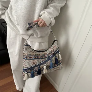 Bolso bandolera tejido estilo boho con borlas, patrón geométrico vintage, bolso casual.