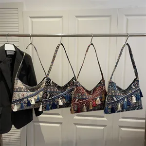 Bolso de Hombro de Lona Estilo Étnico Mujer Gran Capacidad Bolso Tote con Borlas