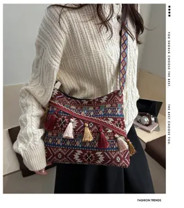Boho woven shoulder bag with tassels ethnic style crossbody bag for women casual daily use