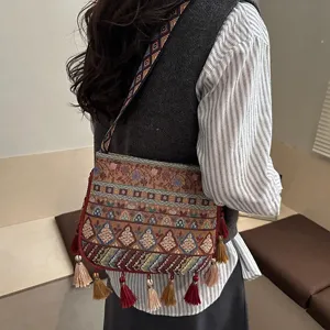 Borsa a tracolla stile etnico con nappe dettaglio, borsa a tracolla tessuta bohémien donna.