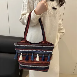 Ethnic style woven tote bag with colorful tassels, fashionable large capacity shoulder bag