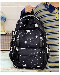 Detailed view of casual black star pattern school backpack for students daily commute use.